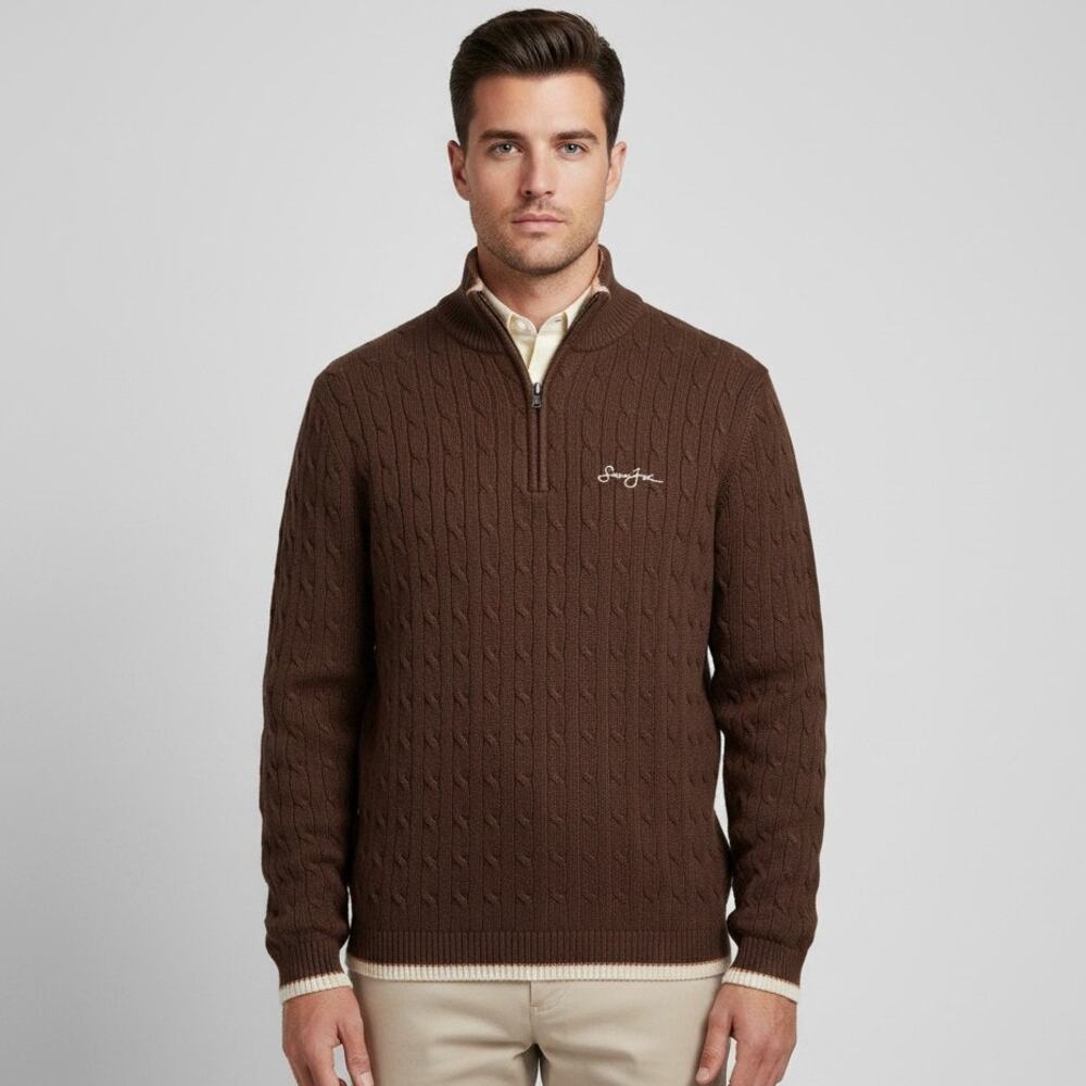 Y2K Sean John Mens L Brown Cable Knit Sweater 1/4 Zip Cotton Pullover Preppy
